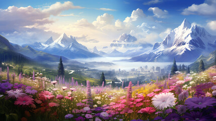 A valley covered with lavender and flowers is surrounded by snow-capped mountains