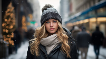 modelo joven rubia de pelo largo con ropa de invierno, ojos azules con fondo de ciudad difuminado 
