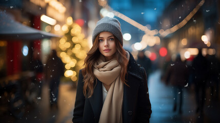 modelo joven morena de pelo largo con ropa de invierno con fondo de ciudad difuminado decoración navidad