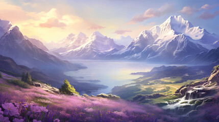 A valley covered with lavender and flowers is surrounded by snow-capped mountains