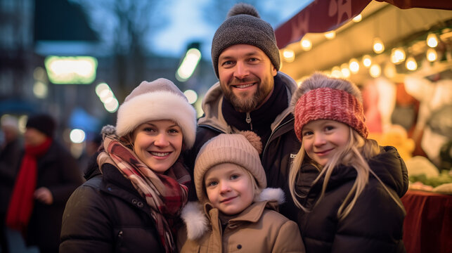 Familia en mercadillo navideño, padre, madre y dos niñas con ropa de abrigo para el invierno