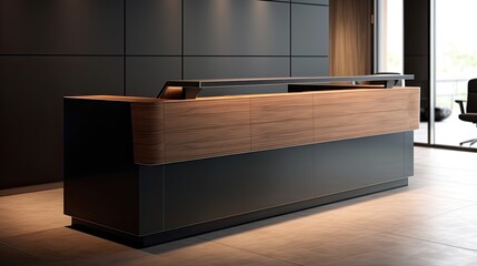 simple linear company/hotel reception counter or frontdesk made out of wood and dark metal