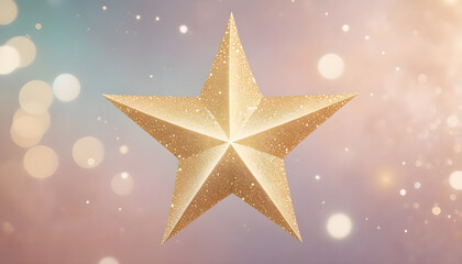 Gold star floating on glitter bokeh backdrop pastel color