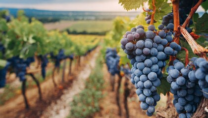 dark blue grapes in plantation ripe wine in vineyard closeup purple grapevine in vineyards new vintage wine concept