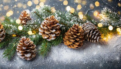 christmas decoration banner snowy pine cones on fir branch with lights