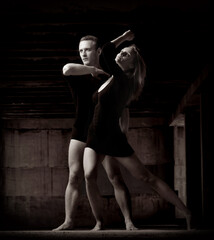 Ballet, dance and couple in monochrome or performance practice for choreography, artist for creative expression. Man, woman and contemporary moving or abstract for together form, training for concert