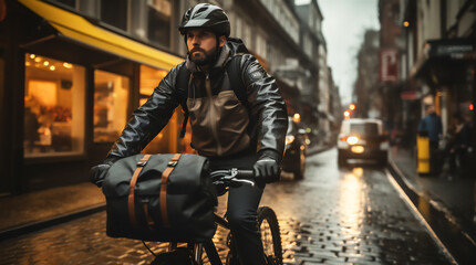 Male delivery driver on a bicycle on a european street, wearing black clothes and helmet on a rainy day