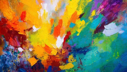 closeup of abstract rough colorful bold rainbow colors explosion painting texture with oil brushstroke pallet knife paint on canvas art background illustration - obrazy, fototapety, plakaty