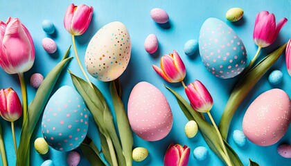 stylish background with colorful easter eggs on blue background with pink tulip flowers flat lay top view mockup overhead template - Powered by Adobe