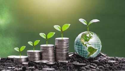 green globe with world map and stack of silver coins the seedlings are growing on top concept of green business finance and sustainability investment carbon credit money saving investment - obrazy, fototapety, plakaty