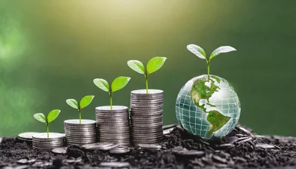 Fotobehang green globe with world map and stack of silver coins the seedlings are growing on top concept of green business finance and sustainability investment carbon credit money saving investment © Charlotte