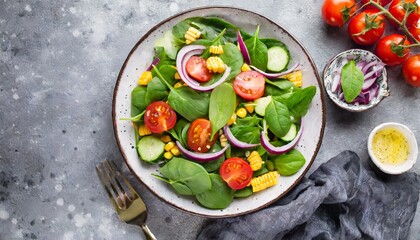 spring vegan salad with spinach cherry tomatoes corn salad baby spinach cucumber and red onion healthy food concept gray stone table top view copy space