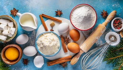 christmas and winter baking background kitchen utensils and ingredients for cooking baking flour sugar eggs butter milk cinnamon sticks whisk rolling pin anise blue concrete background