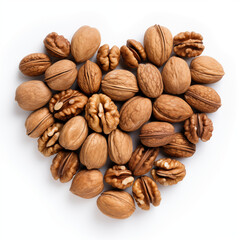 Heap of walnut be arrange in heart shape on white background. Healthy love food. Vegan lover.	
