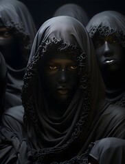 Black Women in Black Attire with Covered Heads, Focused