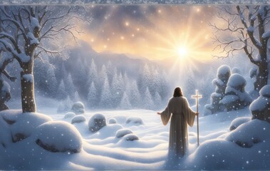 Winter Serenity: Jesus in a Snow-Covered Garden, Hands Outstretched Amid Falling Snowflakes and Ethereal Light, Illustration of Spiritual Connection and Divine Peace, Digital Painting for Adobe Stock.