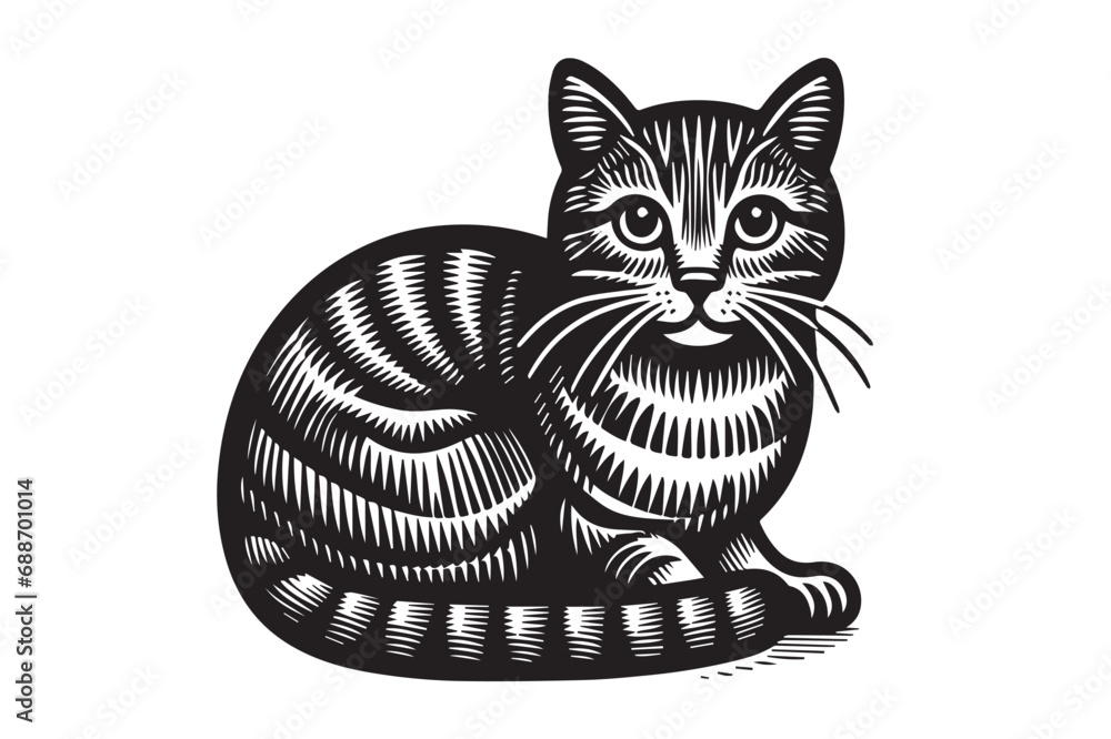 Poster beautiful vintage engraving. cute tabby cat. isolated on white background. woodcut