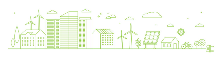Vector concept and infographic design elements in trendy linear style - city illustration concept with alternative energy generators  © venimo