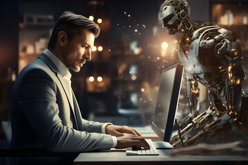 depicting the future of work and the integration of AI in the workforce, a businessman works alongside an artificial intelligence cyborg in an office setting, - obrazy, fototapety, plakaty