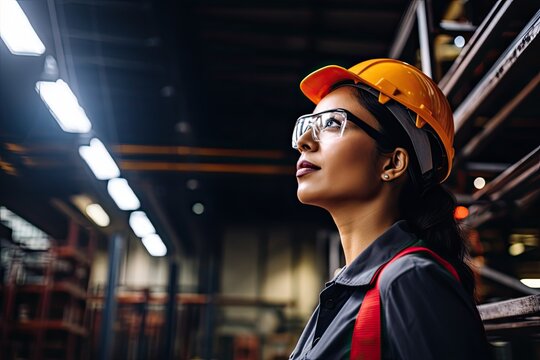 Woman Wearing A Hardhat And Safety Glasses Checking A Rack In A Warehouse