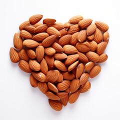 Heap of almond be arrange in heart shape on white background. Healthy love food. Vegan lover.


