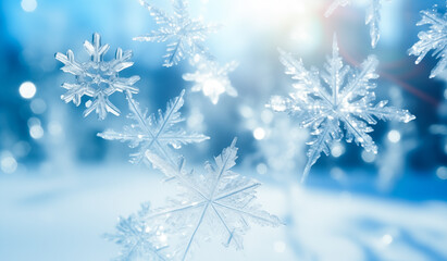 A snowflake on a blue background with a gradient of blue blurred bokeh. Dreamy and wintery mood. Winter, xmas background. - obrazy, fototapety, plakaty