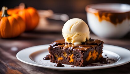 Closeup of a freshly baked delicious pumpkin chocolate brownie with ice cream on a plate - obrazy, fototapety, plakaty