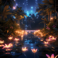 a surreal mirage featuring abstract fireflies in an oasis setting influenced by quantum elements