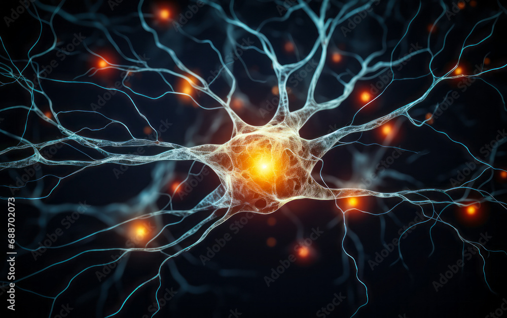 Poster digital illustration of a neuron cell with detailed dendrites and axon on a dark background, represe