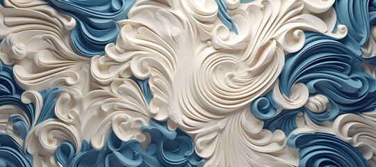 wave floral pattern motif, blue white 1 - obrazy, fototapety, plakaty
