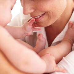 Play, family and mother with baby, closeup and happiness with joy, home and wellness. Mama, infant...
