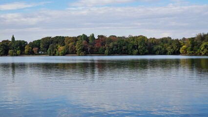 Fototapeta na wymiar Landscape of Herastrau lake, in the King Michael I or Herastrau Park, in Bucharest, Romania.