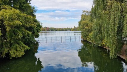 Landscape of Herastrau lake, in the King Michael I or Herastrau Park, in Bucharest, Romania.