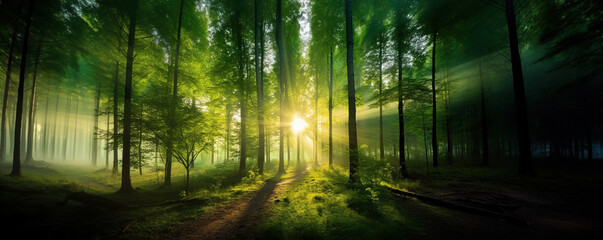 Bright panoramic sunrise or sunset in green forest in summer background