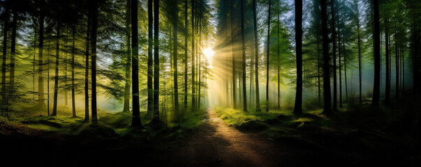 Fototapeta premium Bright panoramic sunrise or sunset in green forest in summer background