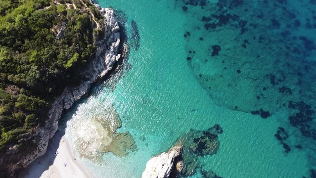 Aerial top view footage of crystal clear water beach of Seitani in the Aegean island Samos
