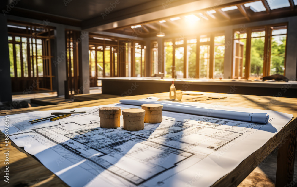 Poster architectural blueprints on a table with sunlight streaming through windows in a home under renovati