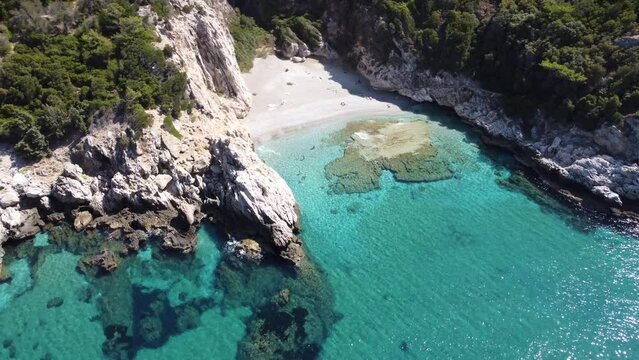Aerial top view footage of crystal clear water beach of Seitani in the Aegean island Samos