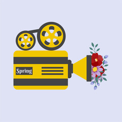 Flat Design Illustration with Video Camera at Spring ,Flowers 