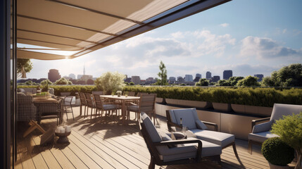 Idyllic Smart Home rooftop terrace with retractable awnings