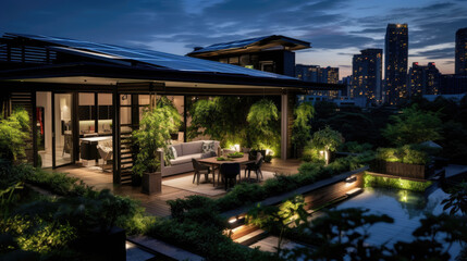 Fototapeta premium Lush and beautiful Smart Home rooftop garden with smart irrigation