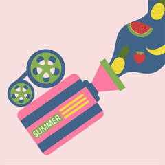 Flat Design Illustration with Video Camera at Summer,Fruits