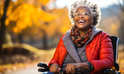 Joyful elderly African American woman with gray hair enjoying the autumnal park from her wheelchair, showcasing independence and positivity - obrazy, fototapety, plakaty