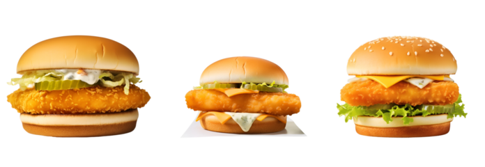 Many Different Mockup Templates for Artwork Design of Filet Fish Burger Set, Isolated on Transparent Background, PNG