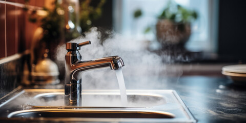 Fototapeta na wymiar Hot water flowing from a modern faucet with steam rising, signifying hygiene, warmth, and the comforts of a well-equipped home