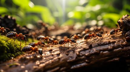 Busy ant colony at work on forest floor, macro shot with selective focus highlighting teamwork, nature's intricacy, and wildlife habitat - obrazy, fototapety, plakaty