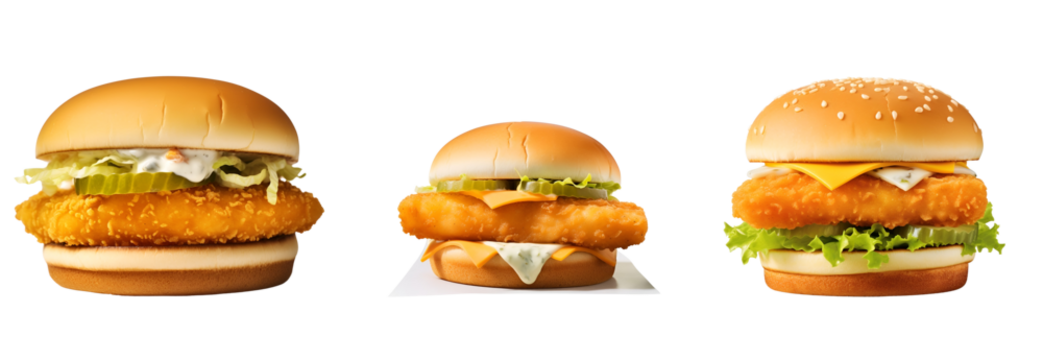 Many Different Mockup Templates for Artwork Design of Filet Fish Burger Set, Isolated on Transparent Background, PNG