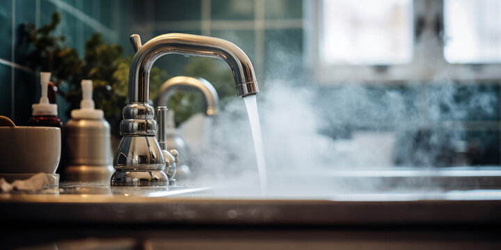 Hot water flowing from a modern faucet with steam rising, signifying hygiene, warmth, and the comforts of a well-equipped home