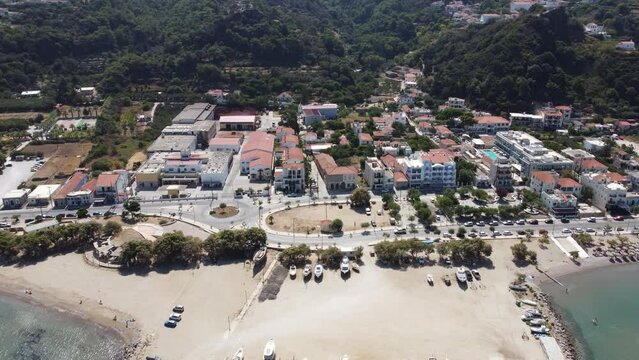 Aerial top view of Karlovasi in Samos with the green landscape of the Aegean island