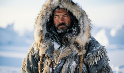Fototapeta na wymiar Indigenous Arctic explorer in traditional fur clothing stands against a vast snowscape, embodying the enduring human spirit in extreme conditions